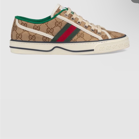 Gucci Tan and Green Sneakers with Monogram Pattern - Picture 1 of 8